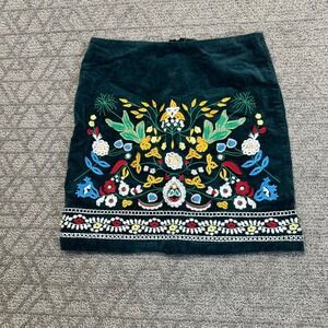 Green Embroidered‎ Corduroy Mini Skirt Women's Large Floral Bohemian
